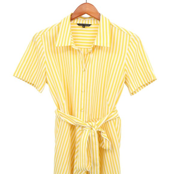 Tara Jarmon Yellow White Striped Short Sleeve Belted Shirt Dress 36 US 4 - Picture 2 of 4